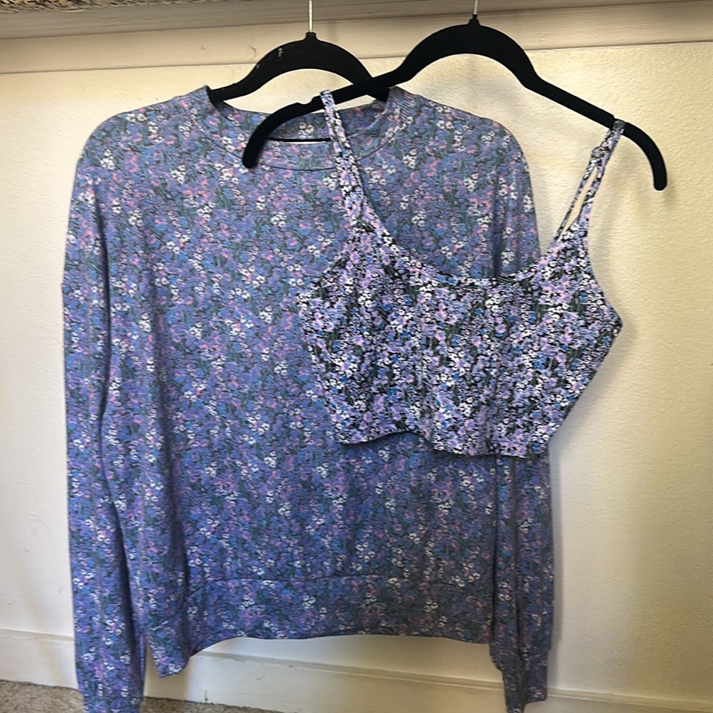 Beach Riot Sport SET Lilac Ditsy Print Sweatshirt + Bralette XS NWOT